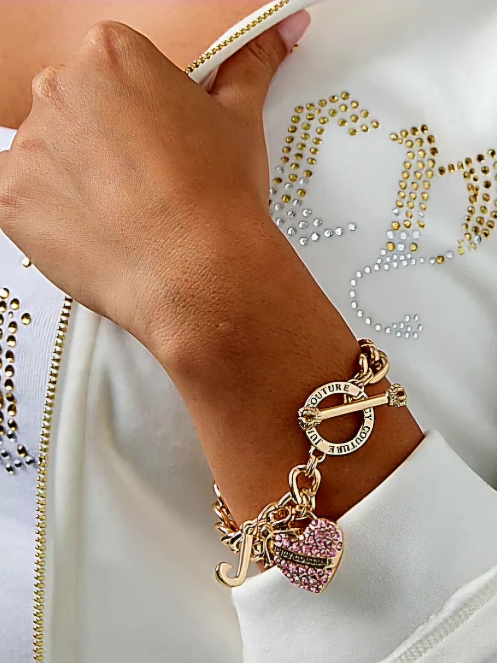NEW Juicy Couture Y2K Gold Tone Toggle Womens Pink Crystal Bow Heart Bracelet - Picture 7 of 7